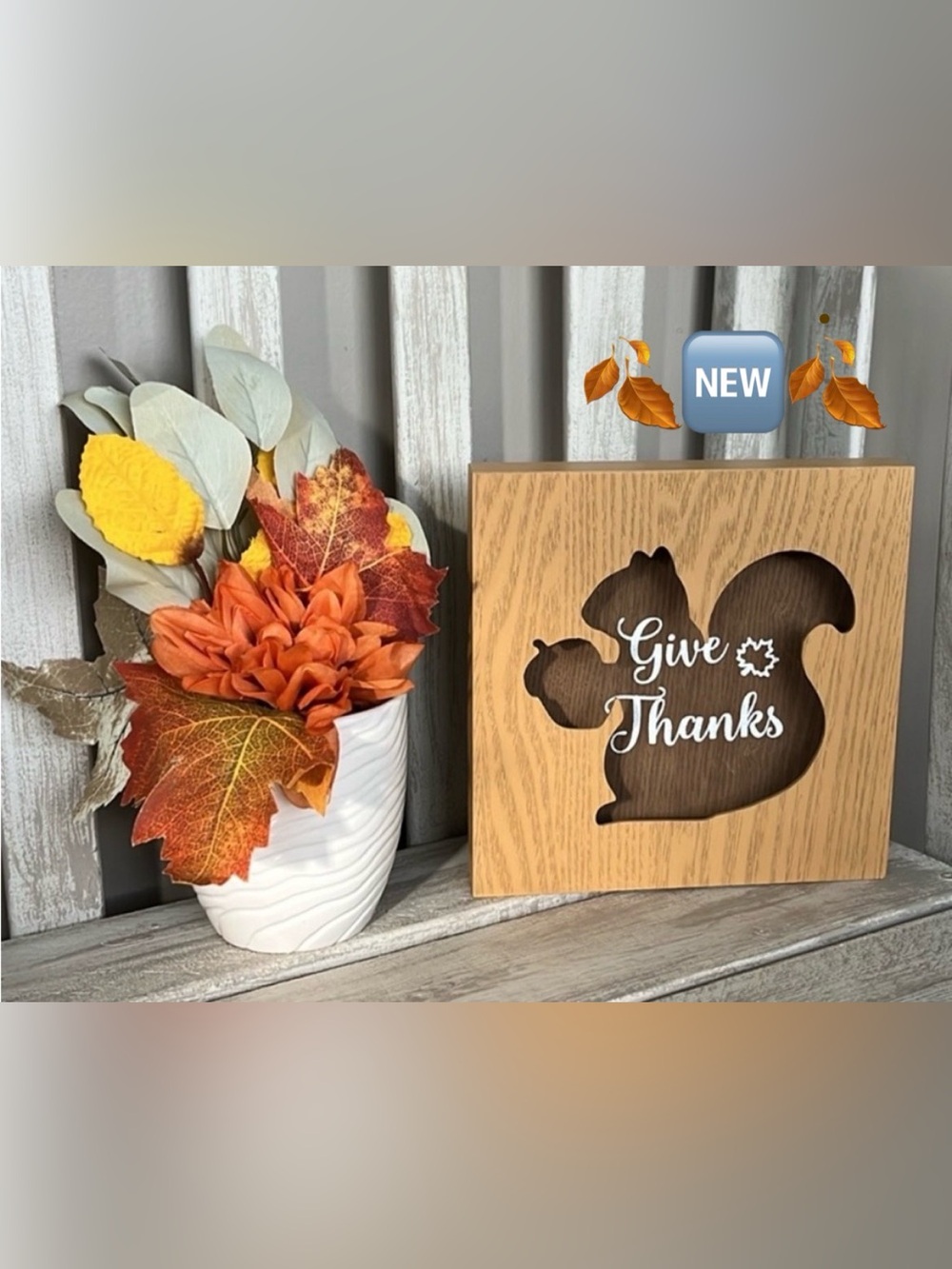 Fall Squirrel 'Give Thanks' Wooden Decor Sign & Floral  🍃🆕🍃